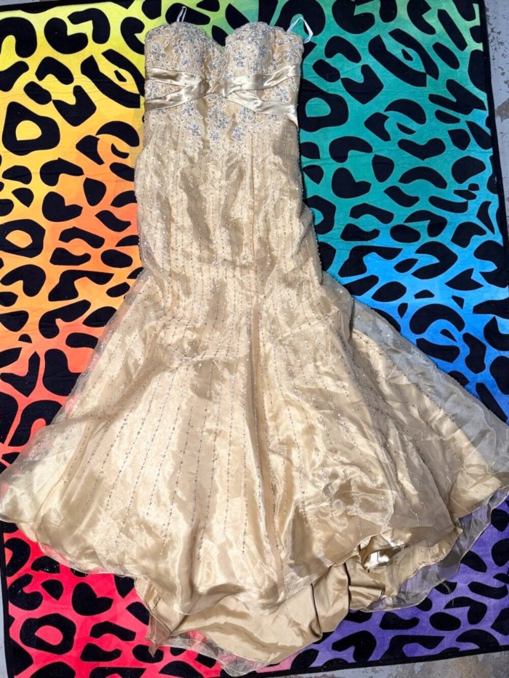 TIFFANY DESIGNS GOLD CHAMPAGNE RHINESTONE STRAPLESS MERMAID SILK GOWN DRESS